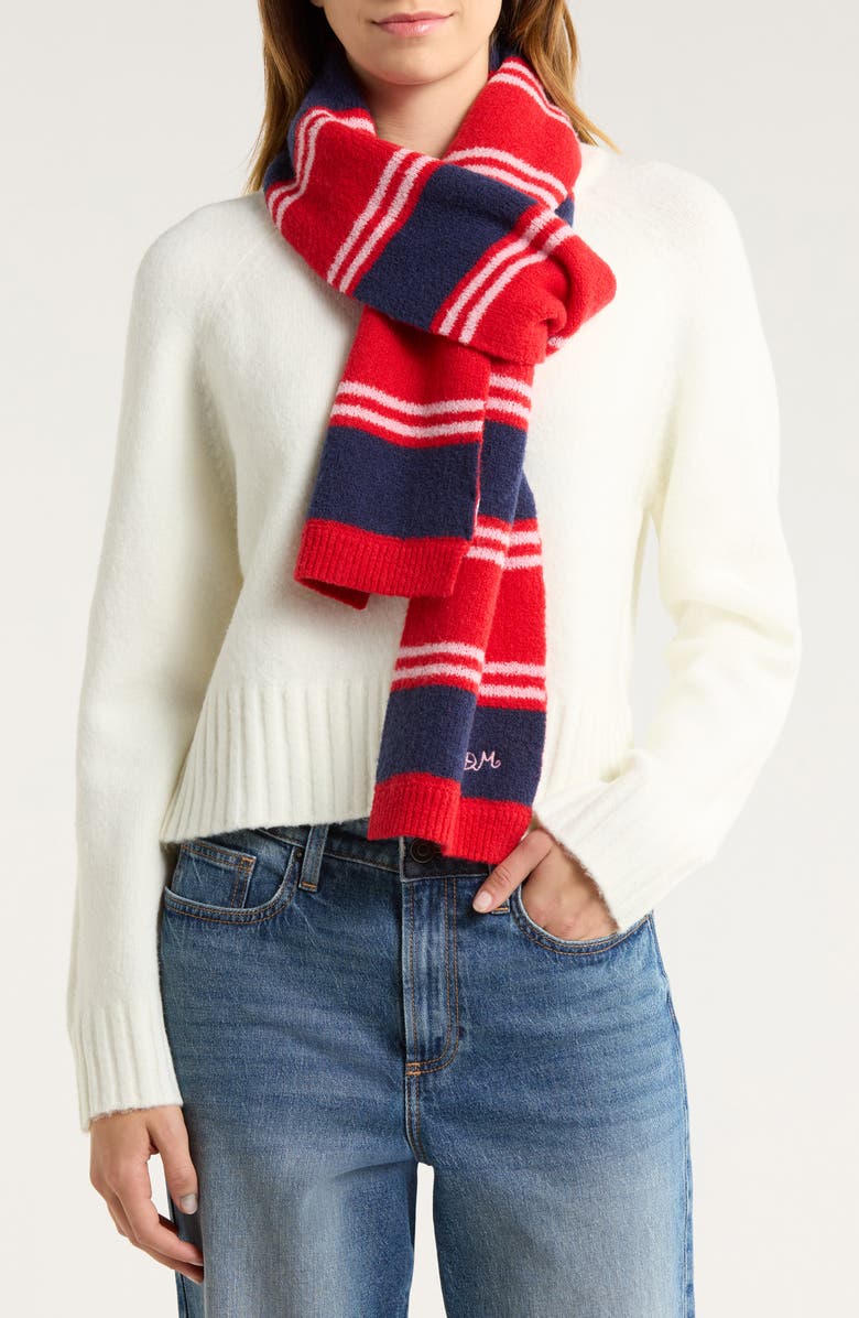 Damson Madder Bibi Stripe Skinny Wool Scarf, Main, color, Red Multi