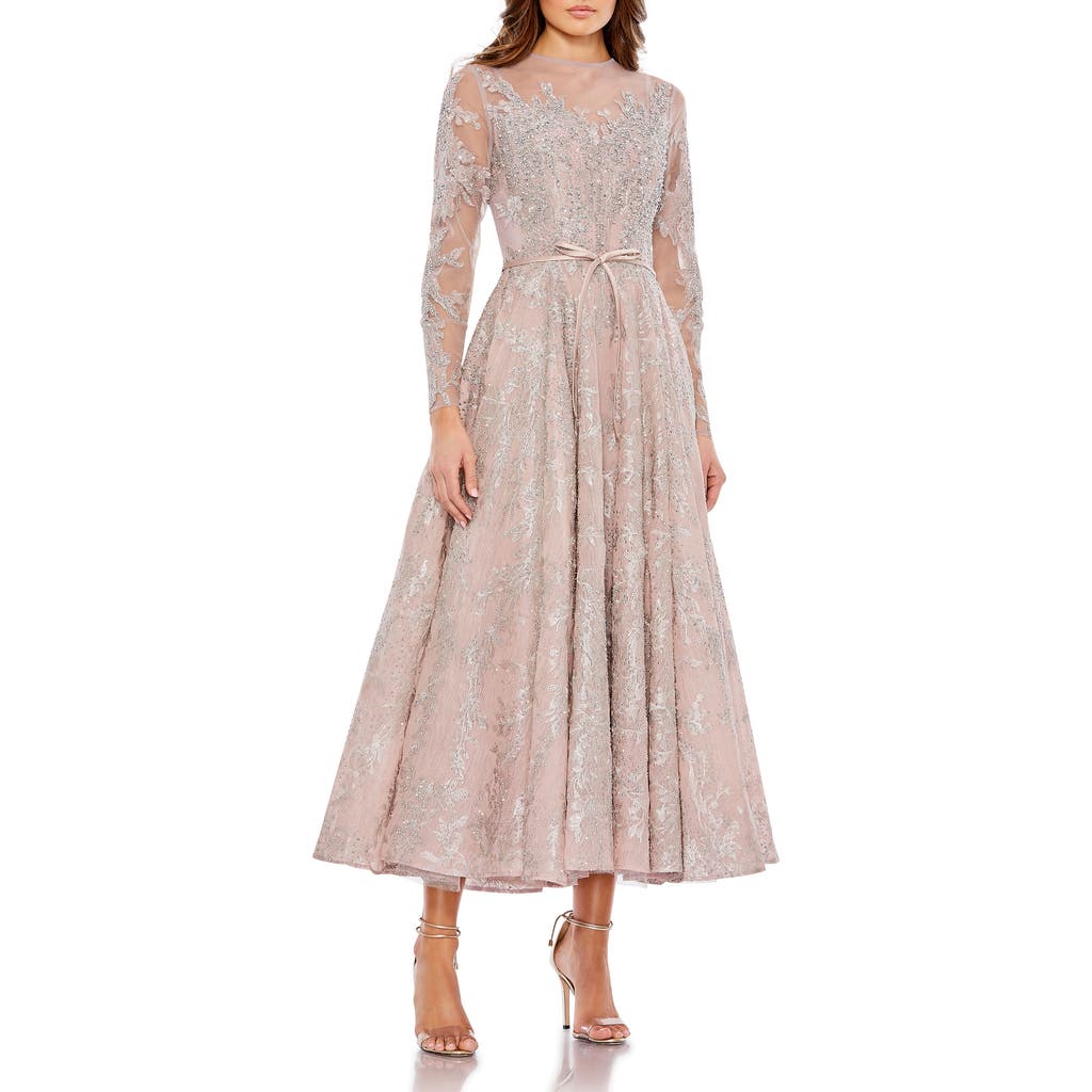 Mac Duggal Embellished Bow Belt Illusion Long Sleeve A Line Dress In Rose