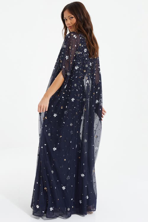 Quiz Beaded 2-in-1 Cape And Evening Dress In Navy
