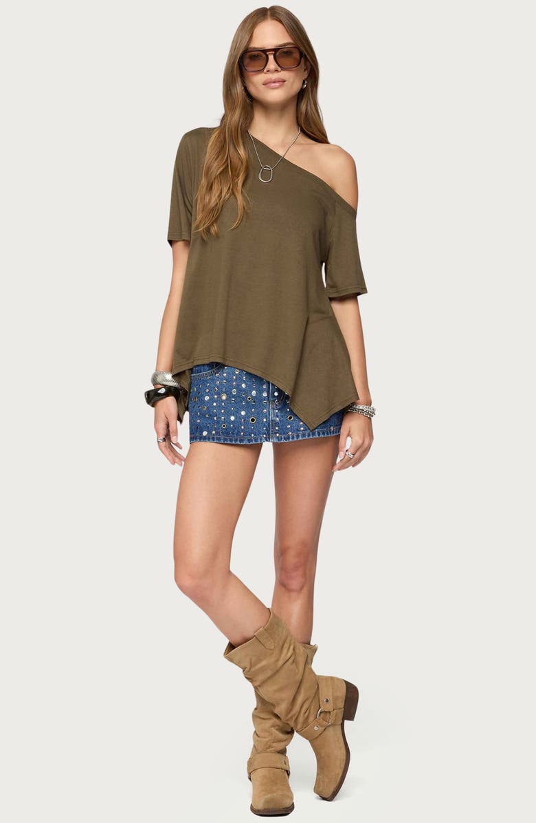 EDIKTED Studded Grommet Low Rise Denim Miniskort, Alternate, color, Blue-Washed