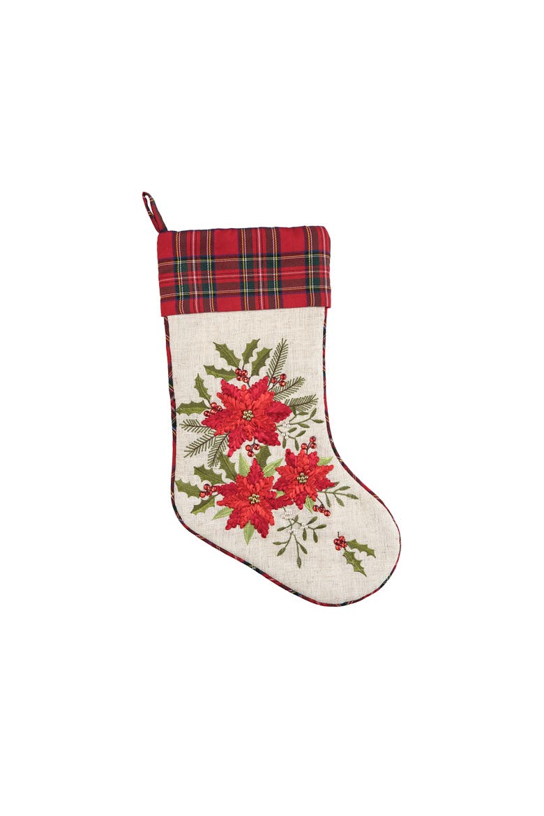 20" Merry Poinsettia Christmas Hanging Large Stocking with Plaid Cuff, Main, color, Brown