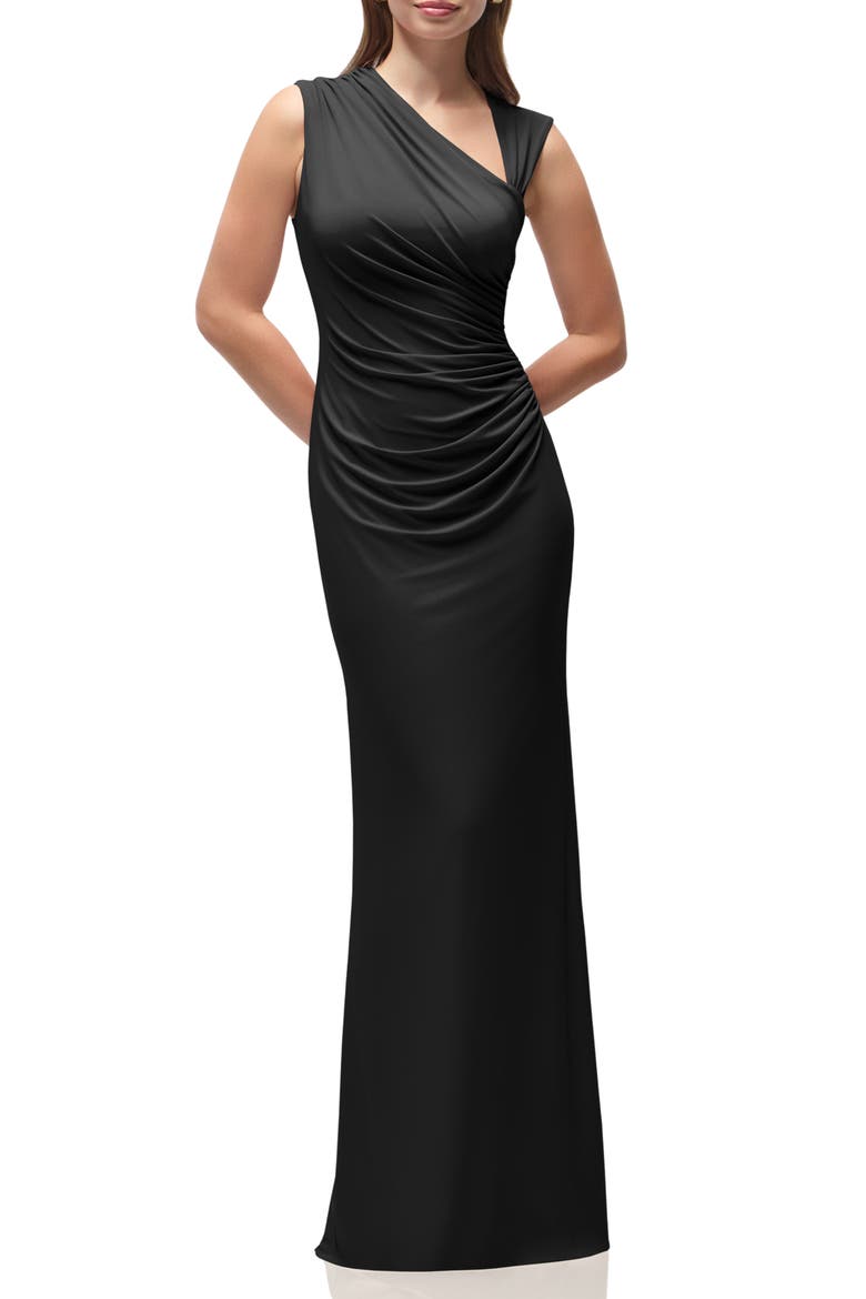 Ruched Asymmetric Neck Satin Gown, Main, color, BLACK