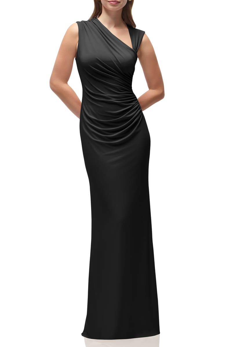 After Six Ruched Asymmetric Neck Satin Gown, Main, color, Black