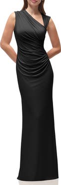 After Six Ruched Asymmetric Neck Satin Gown