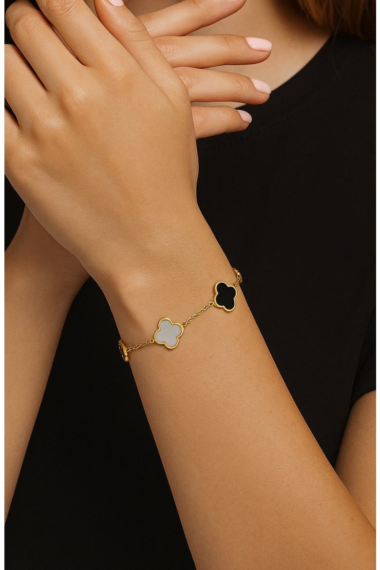 Mother-of-Pearl & Onyx Clover Chain Bracelet, Alternate, color, GOLD