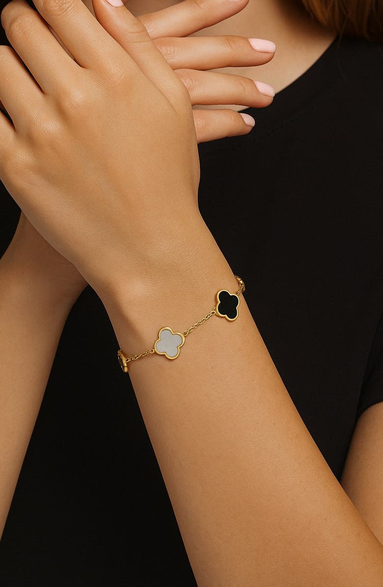 GABI RIELLE Mother-of-Pearl & Onyx Clover Chain Bracelet, Alternate, color,