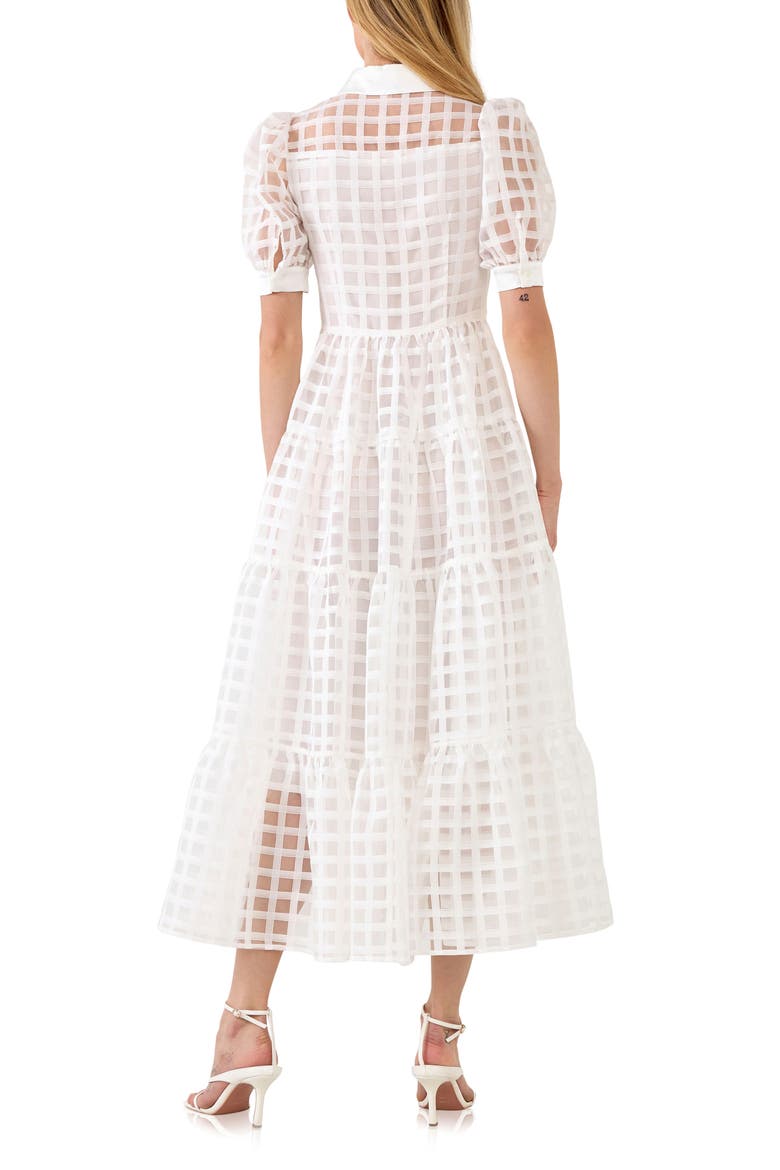 Grid Pattern Tiered Midi Shirtdress, Alternate, color, WHITE
