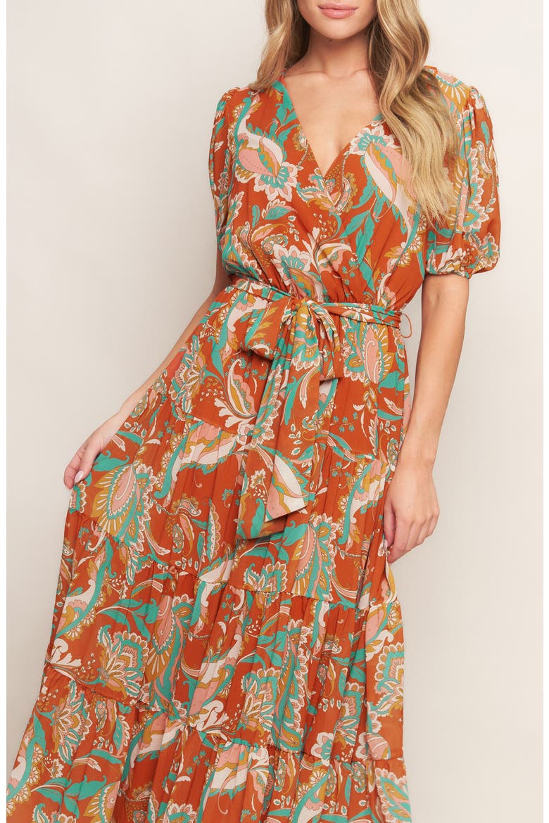Print Tiered Midi Dress, Alternate, color, RUST