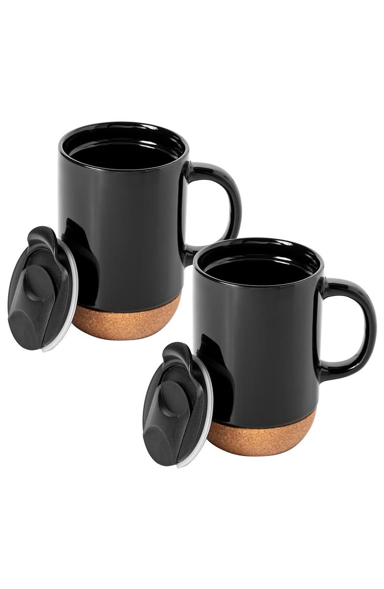 Gibson Home Modani 4 Piece 16.5 Ounce Stoneware Travel Mug Set with Lid and Cork Base, Alternate, color, Black