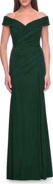 La Femme Off the Shoulder Jersey Evening Gown with Ruching