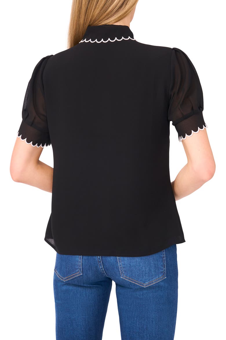 Scallop Trim Puff Sleeve Button-Up Shirt, Alternate, color, RICH BLACK