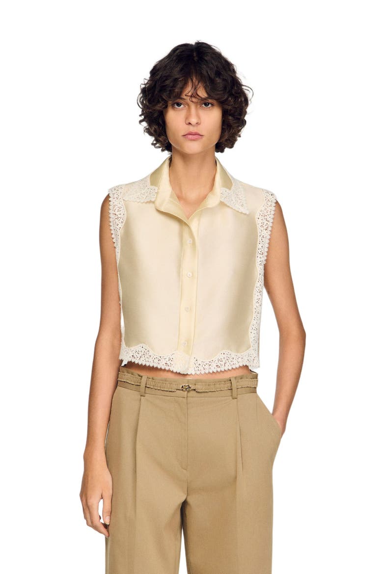 Cropped shirt with lace detail, Alternate, color, Ecru