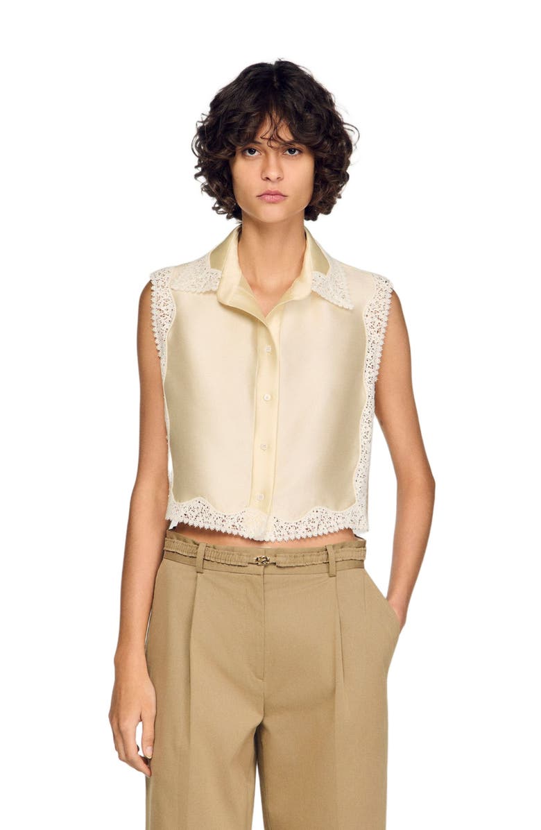 SANDRO Cropped shirt with lace detail, Alternate, color, Ecru