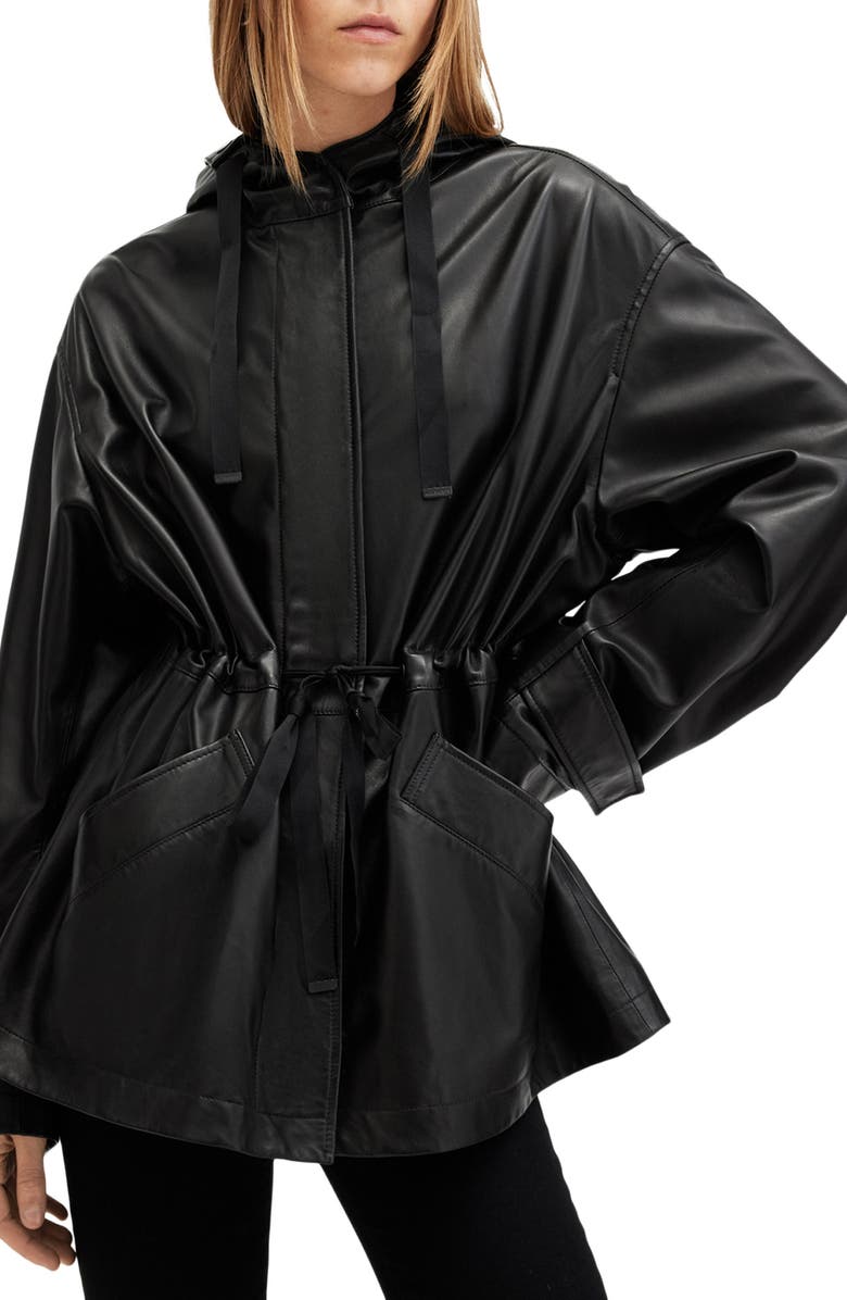 AllSaints Kelsea Hooded Leather Jacket, Main, color, 