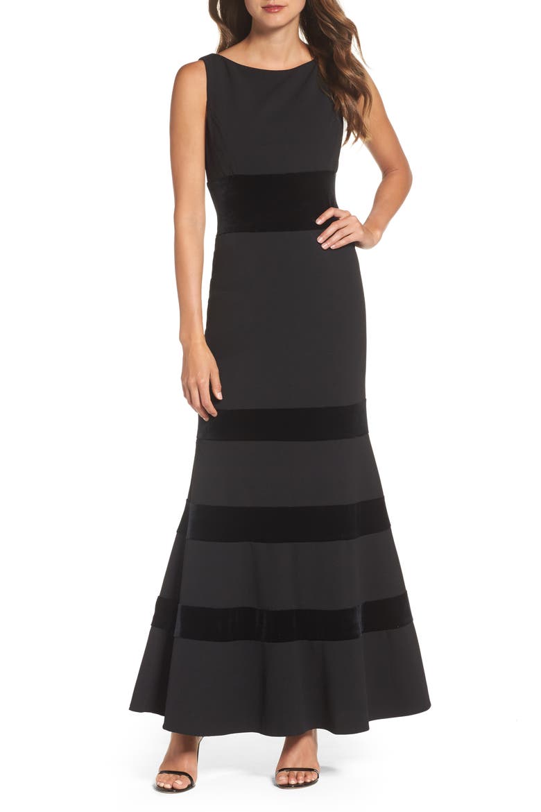 Velvet & Scuba Crepe Mermaid Gown, Main, color, BLACK
