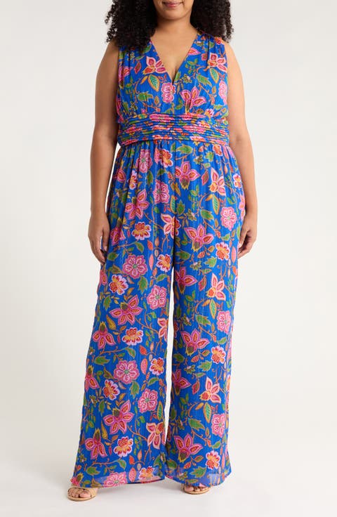 Wendey Metallic Stripe Floral Sleeveless Jumpsuit (Plus)
