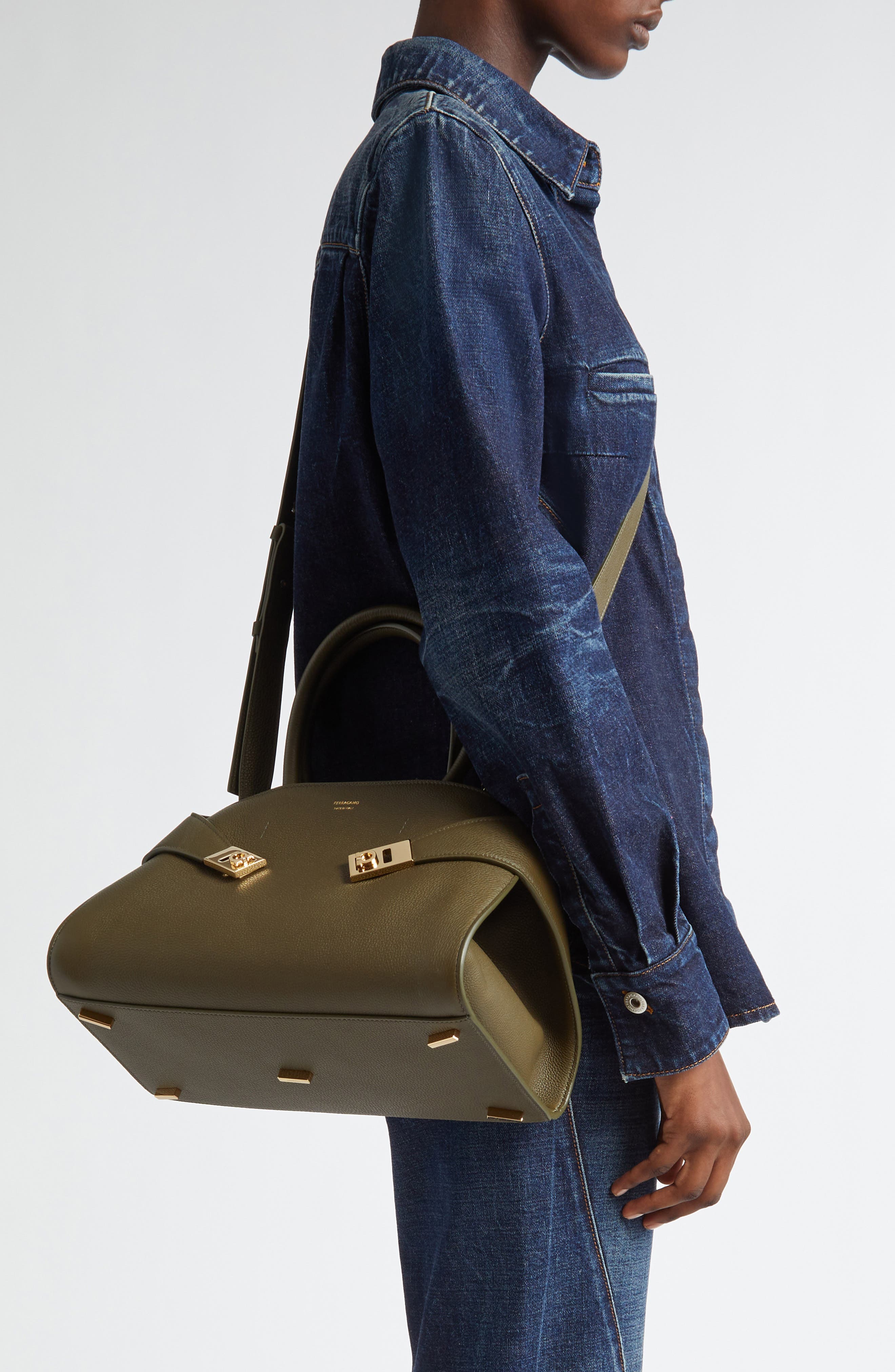 FERRAGAMO Small Hug Grained Leather Top Handle Bag, Alternate, color, New Olive