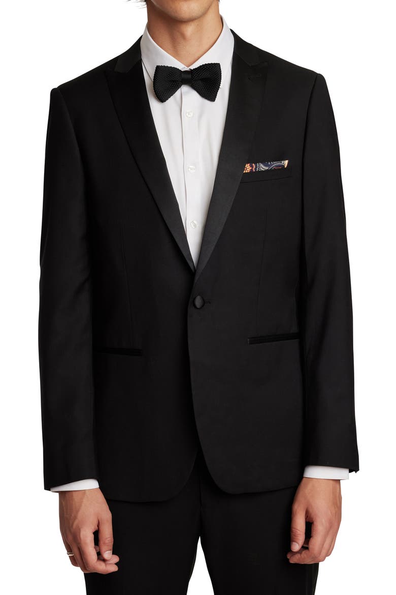 Grosvenor Slim Fit Peak Lapel Tuxedo Jacket, Main, color, BLACK STRETCH