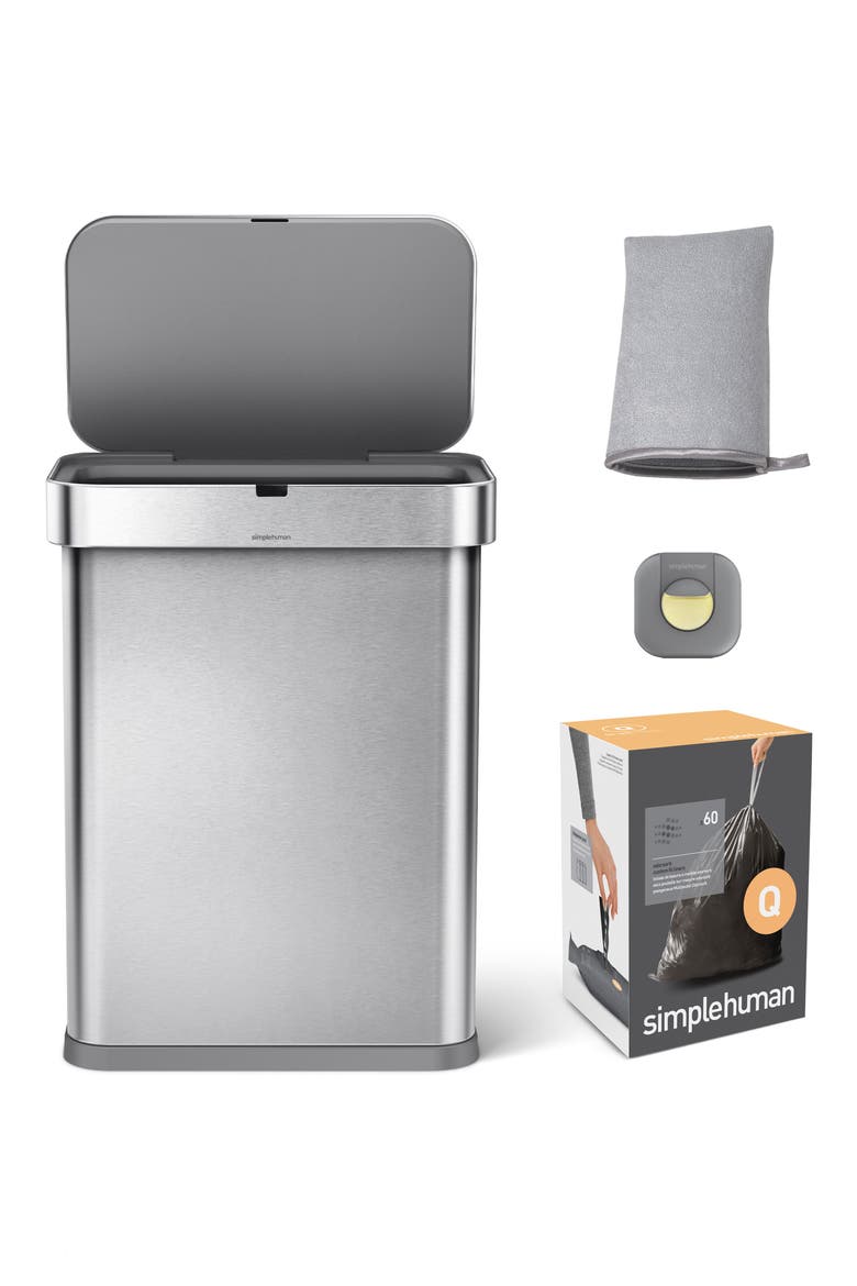 58-Liter Rectangular Sensor Trash Can Set, Main, color, BRUSHED STAINLESS STEEL