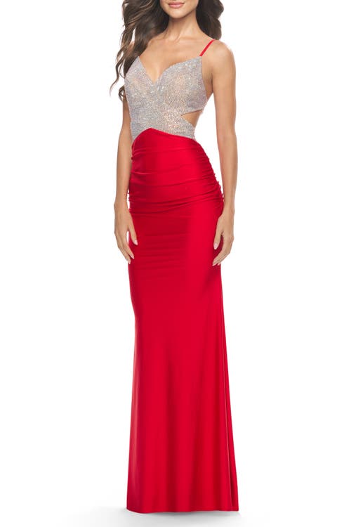 La Femme Ruched Gown With Rhinestone Bodice And Side Cutouts In Red