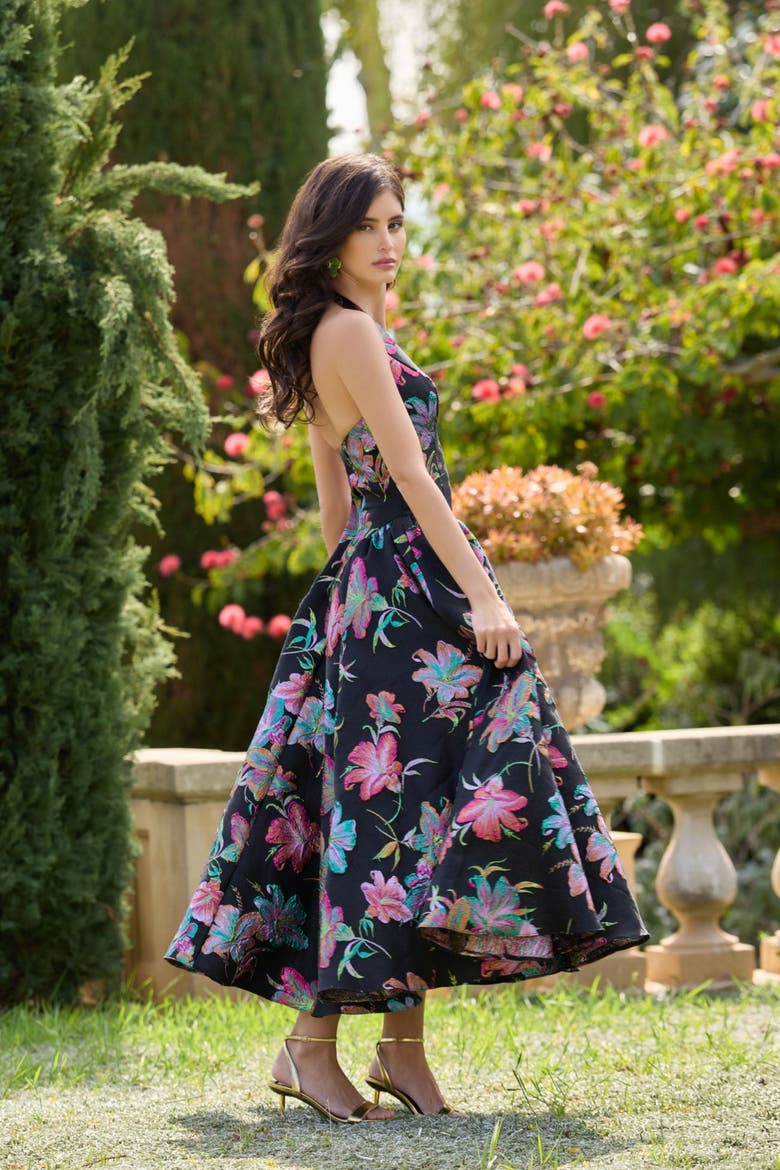 Floral Brocade Halter Neck Open Back Midi Dress, Alternate, color, Black Multi