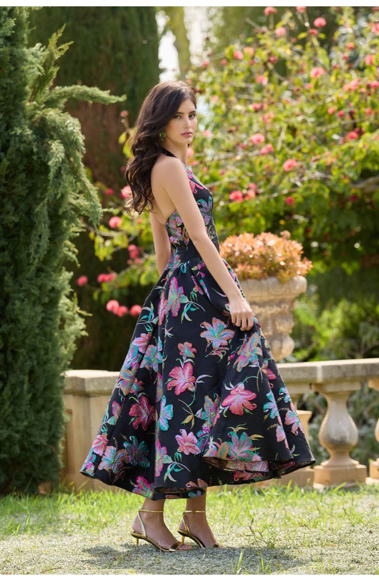 Mac Duggal Floral Brocade Halter Neck Open Back Midi Dress, Alternate, color, Black Multi