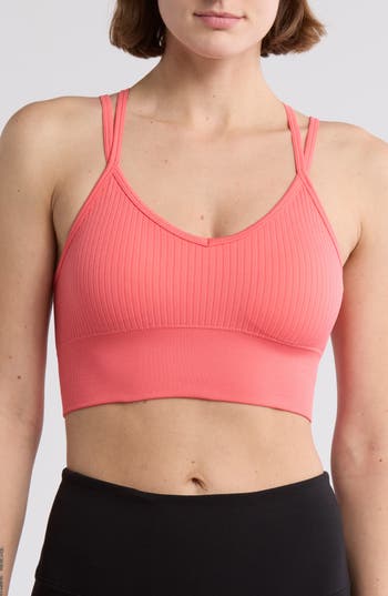 Shop Z By Zella Strappy Racerback Rib Sports Bra In Coral Sugar