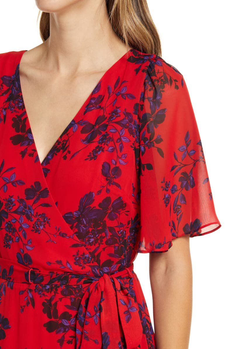 Donna Ricco Floral Faux Wrap Flutter Sleeve Dress, Alternate, color, 
