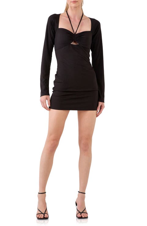 Halter Neck Long Sleeve Rib Body-Con Dress