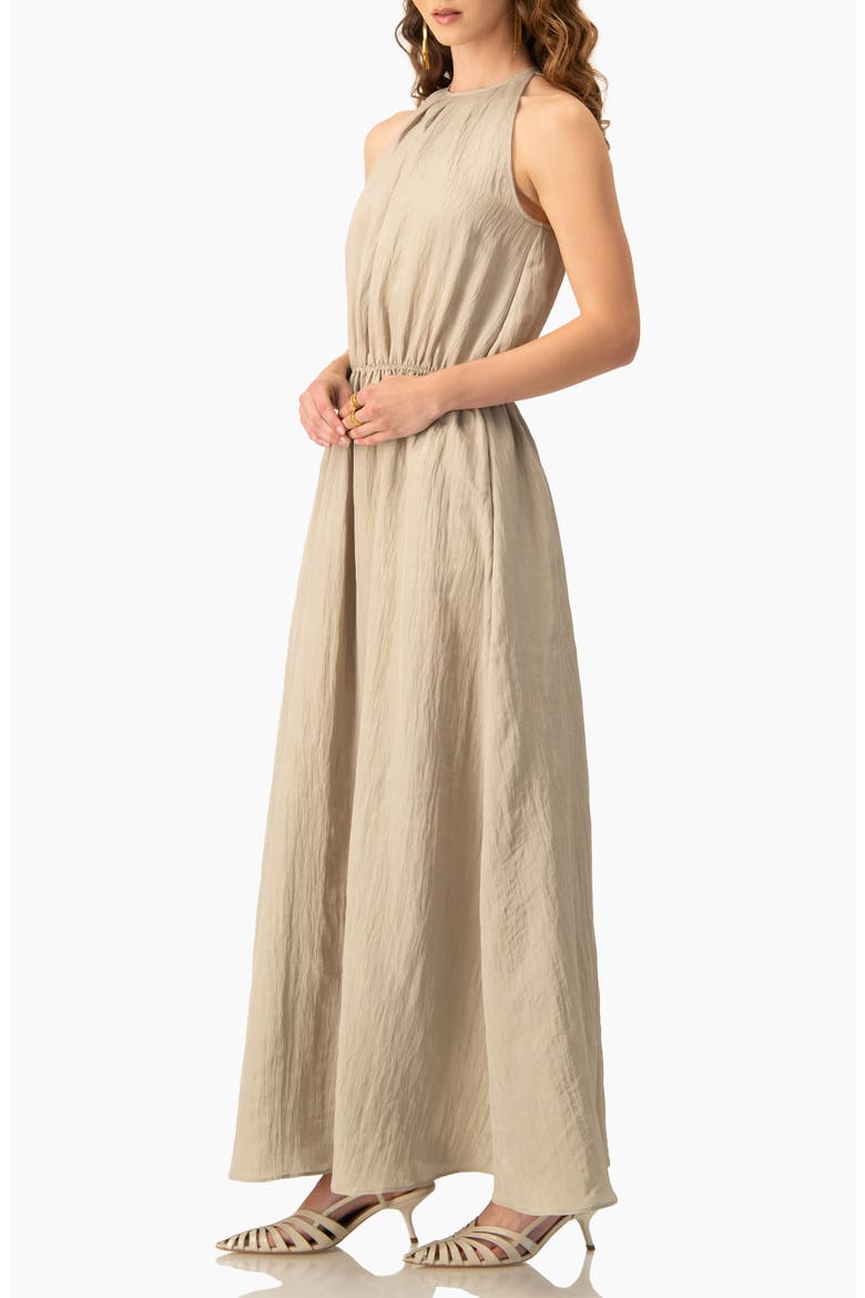 Sleeveless Crinkle Halter Maxi Dress with Cinched Waist A-Line, Alternate, color, Sand