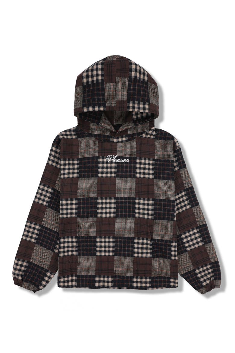 Madras Plaid Patchwork Pullover Hoodie, Alternate, color, BROWN