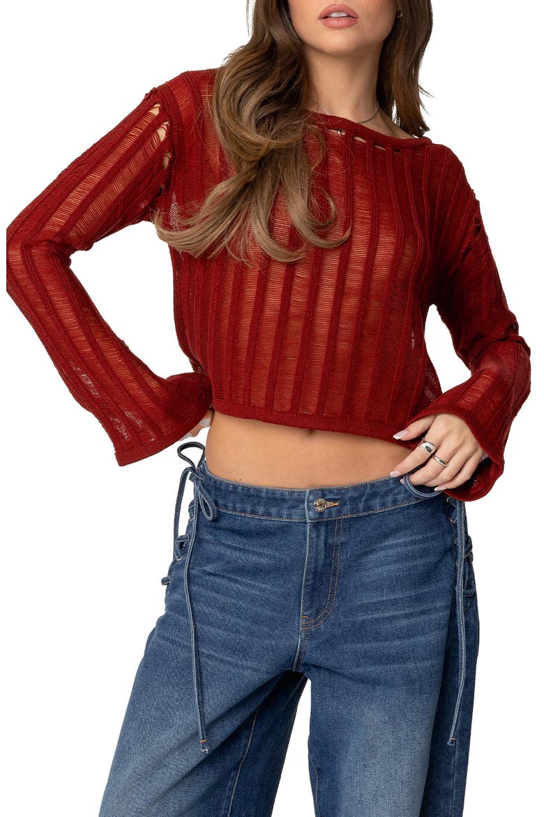 Sagir Sheer Ladder Stitch Crop Top, Main, color, BURGUNDY