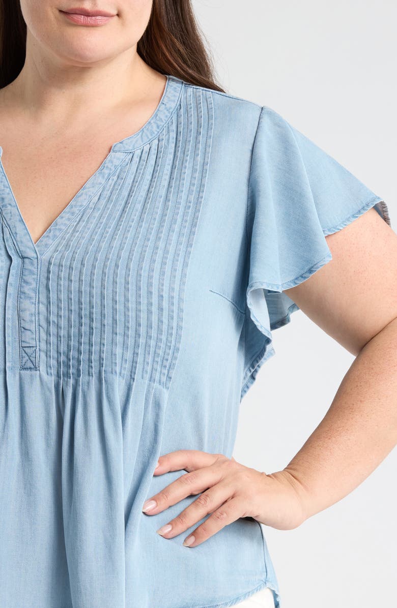 Liverpool Los Angeles Pintuck Pleat Flutter Sleeve Chambray Top, Alternate, color, Malibu Light
