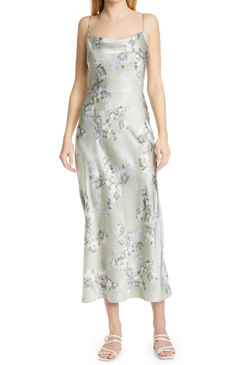 Hazy Blossom Cowl Neck Satin Slipdress, Alternate, color, CELERY