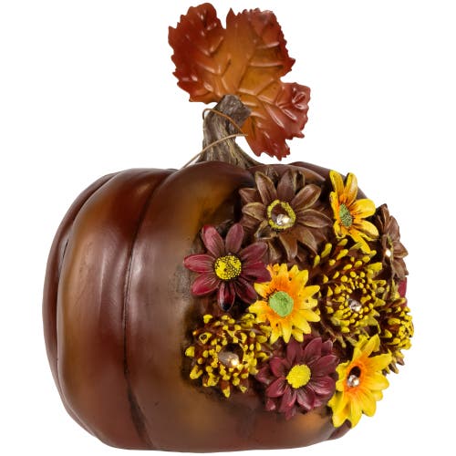 Northlight Led Lighted Solar Powered Floral Fall Harvest Pumpkin Outdoor Decoration In Brown