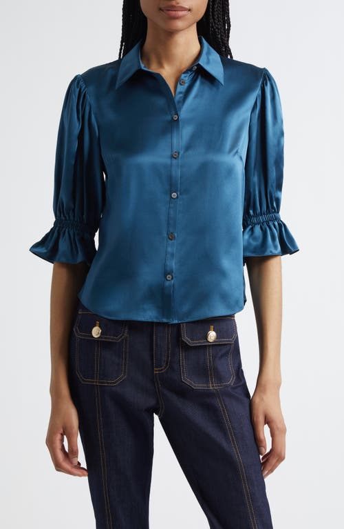 Cinq À Sept Fiona Ruffle Cuff Silk Button-up Shirt In Blue