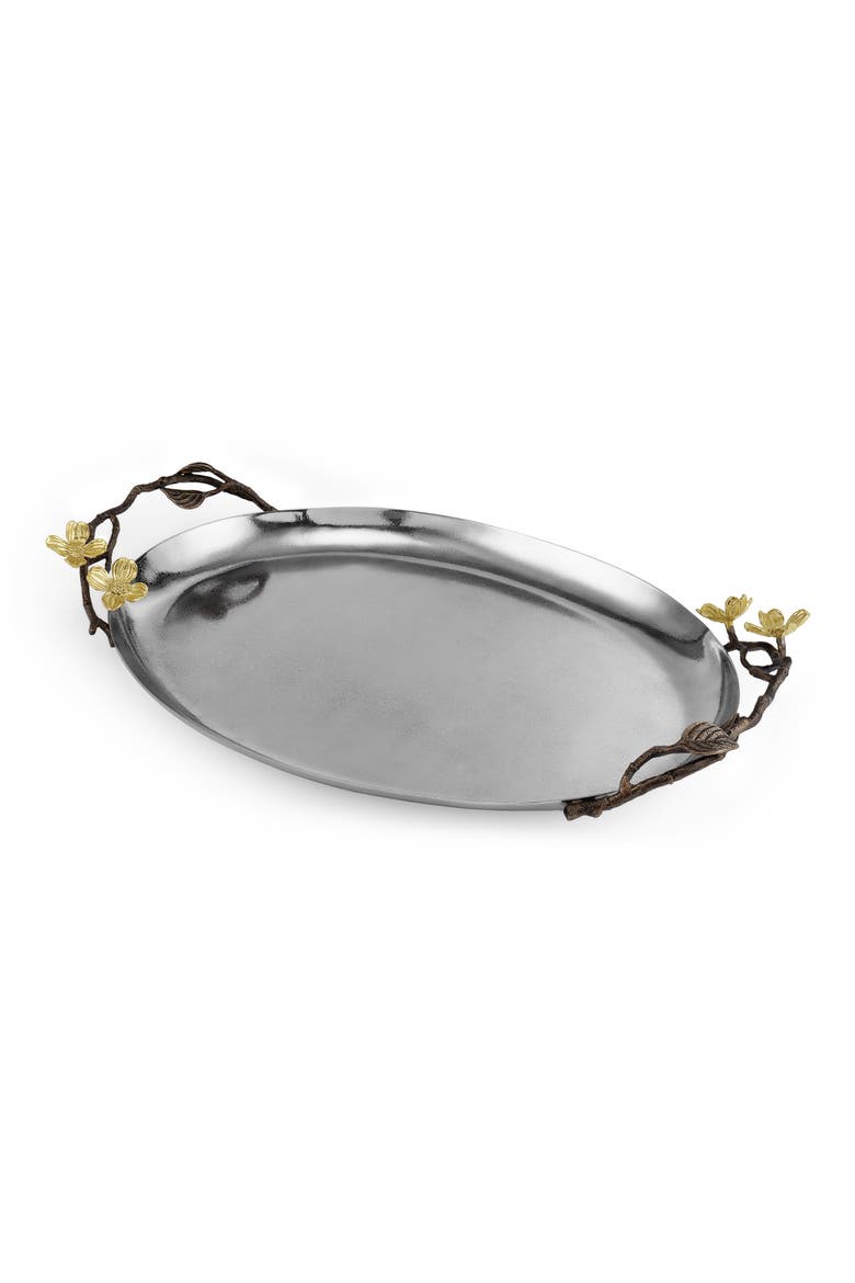 Dogwood Oval Metal Serving Tray, Alternate, color, SILVER/ GOLD