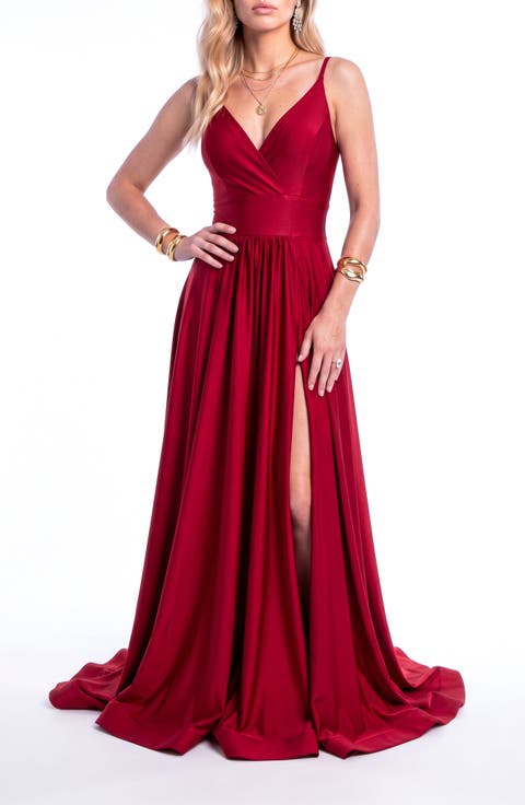 Cross Front Neck Empire Waist Satin Gown