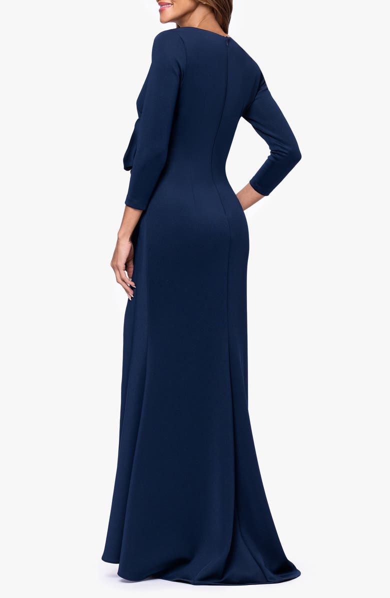 Xscape Evenings Bow Detail Long Sleeve Scuba Crepe Gown, Alternate, color, Midnight