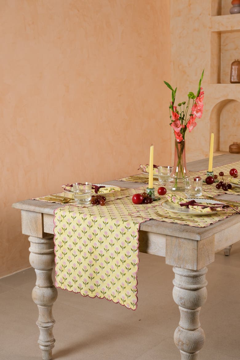 Mona Scallop Embroidered Blockprint Tablerunner, Alternate, color, Butter Yellow
