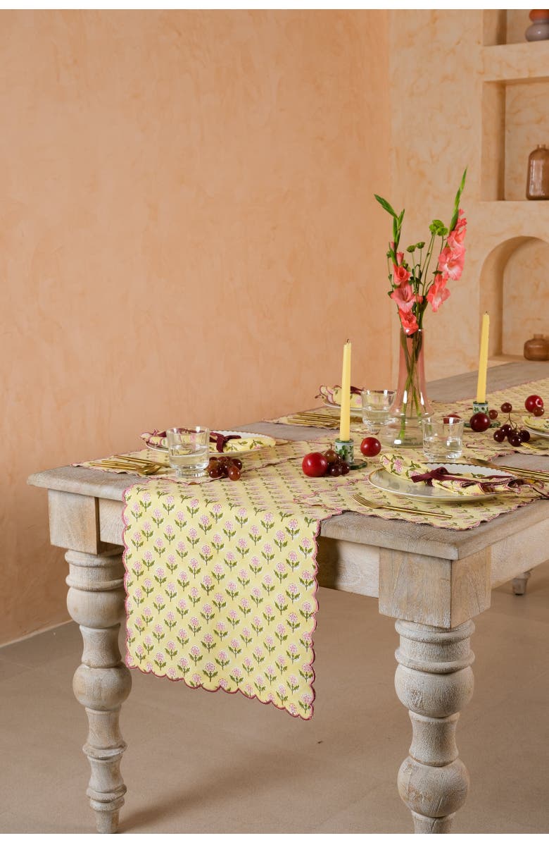 Inner Child Mona Scallop Embroidered Blockprint Tablerunner, Alternate, color, Butter Yellow