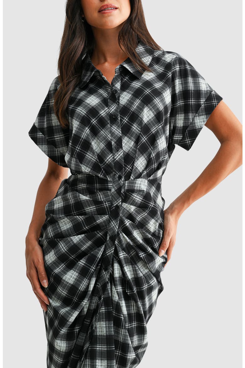 Ruched Shirt Midi Dress, Alternate, color, CHARCOAL PLAID