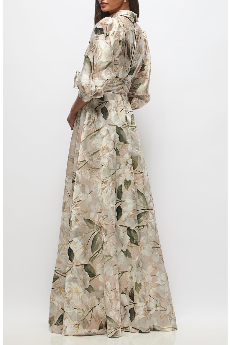 Marie Metallic Floral Tie Waist Organza Gown, Alternate, color, PLUMERIA FLORAL PRINT