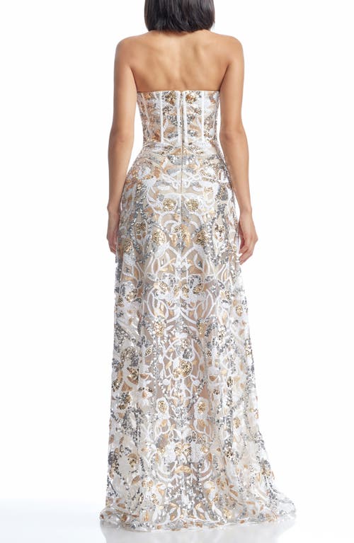 Dress The Population Daven Sequin Mixed Print Strapless Gown In Gold Multi