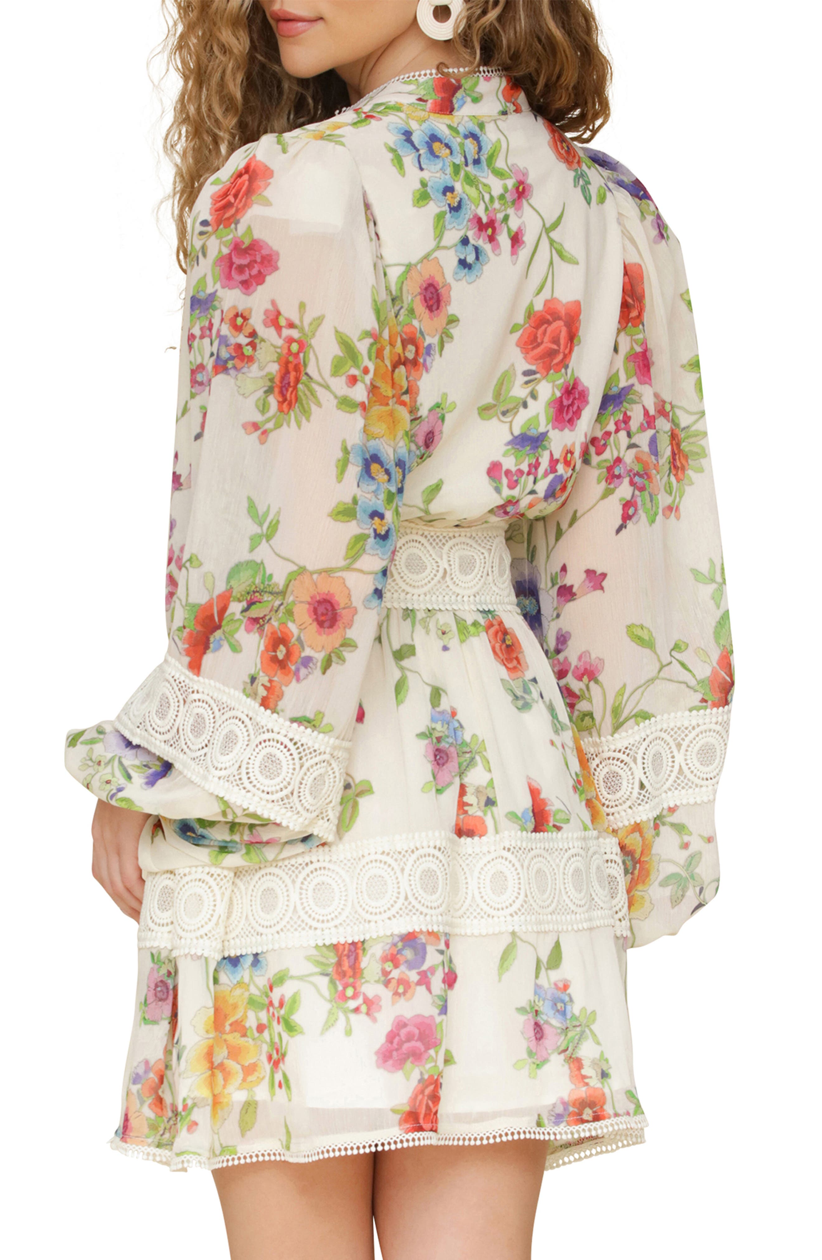 avec les filles women's floral-print lace-trim chiffon dress Avec Les Filles Women's Floral Chiffon Lace Trim Mini Dress