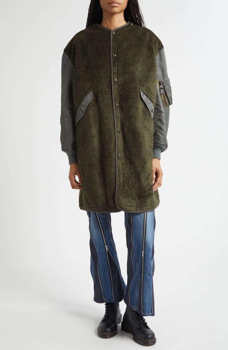 Junya Watanabe High Pile Fleece & Nylon Bomber Coat, Alternate, color, Khaki X Sage Green