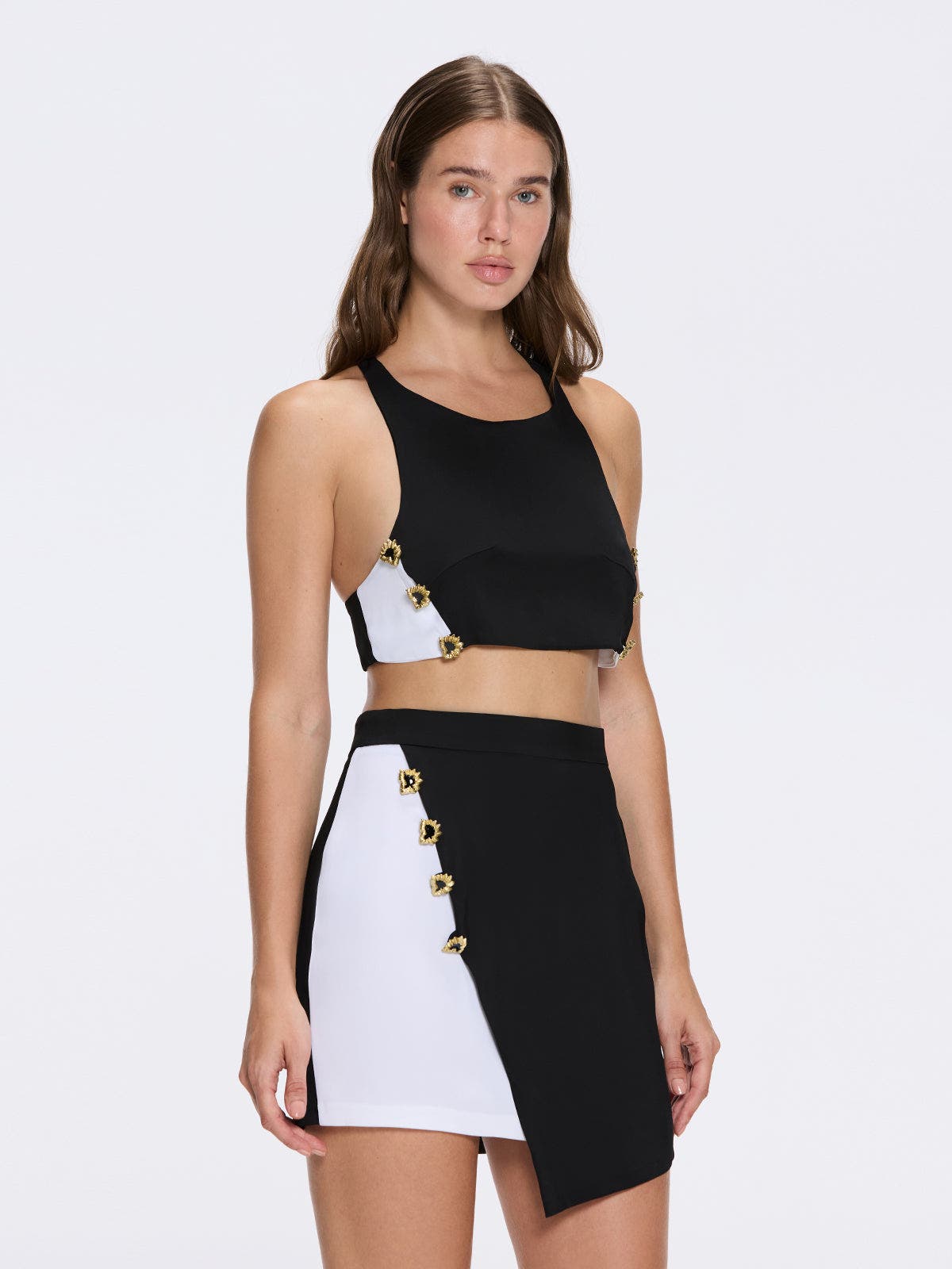 Moeva Riviera Duo-Colored Asymmetric Gold Button Mini Skort (Women ...