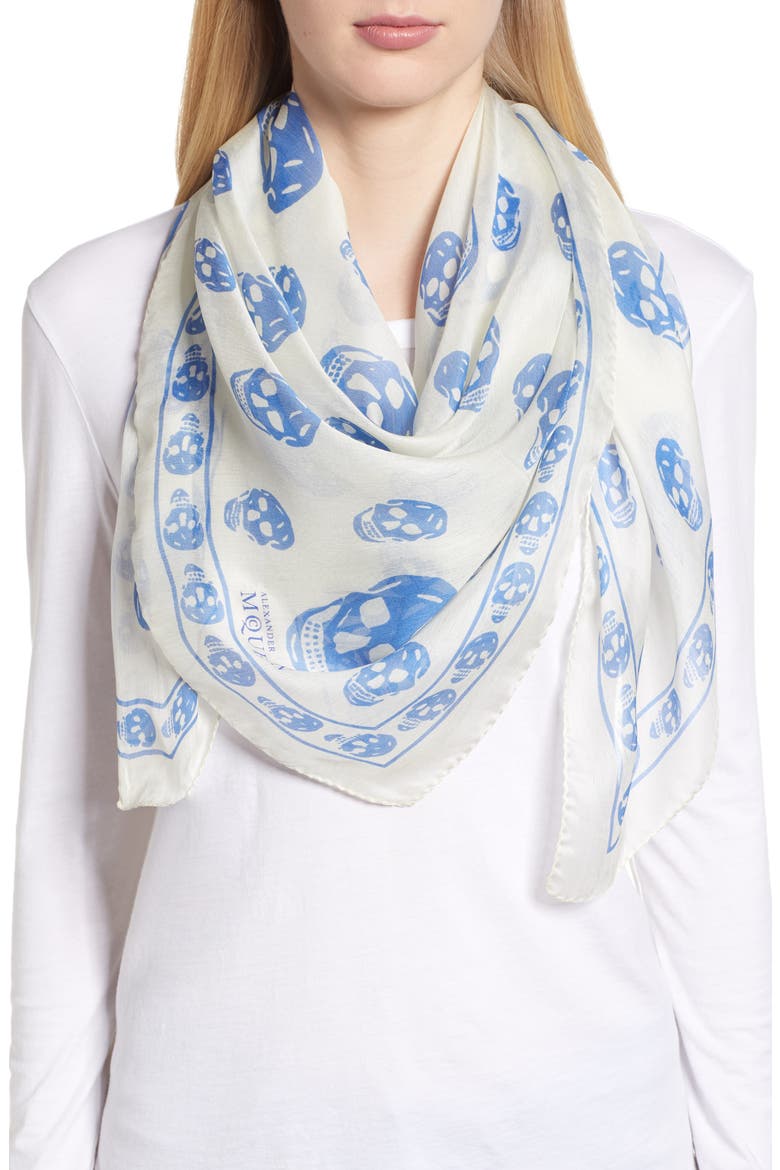 Alexander McQueen Skull Foulard Silk Scarf, Alternate, color, IVORY/ PERIWINKLE