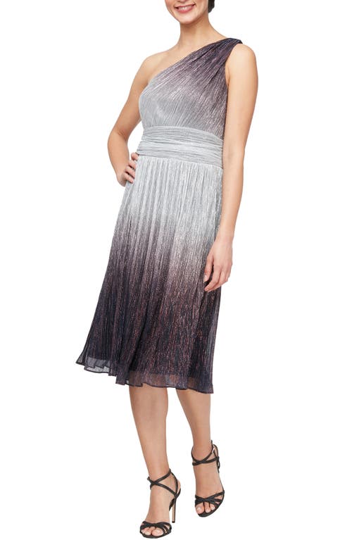 SL FASHIONS Metallic Ombré One-Shoulder Cocktail Dress in Black Silver 