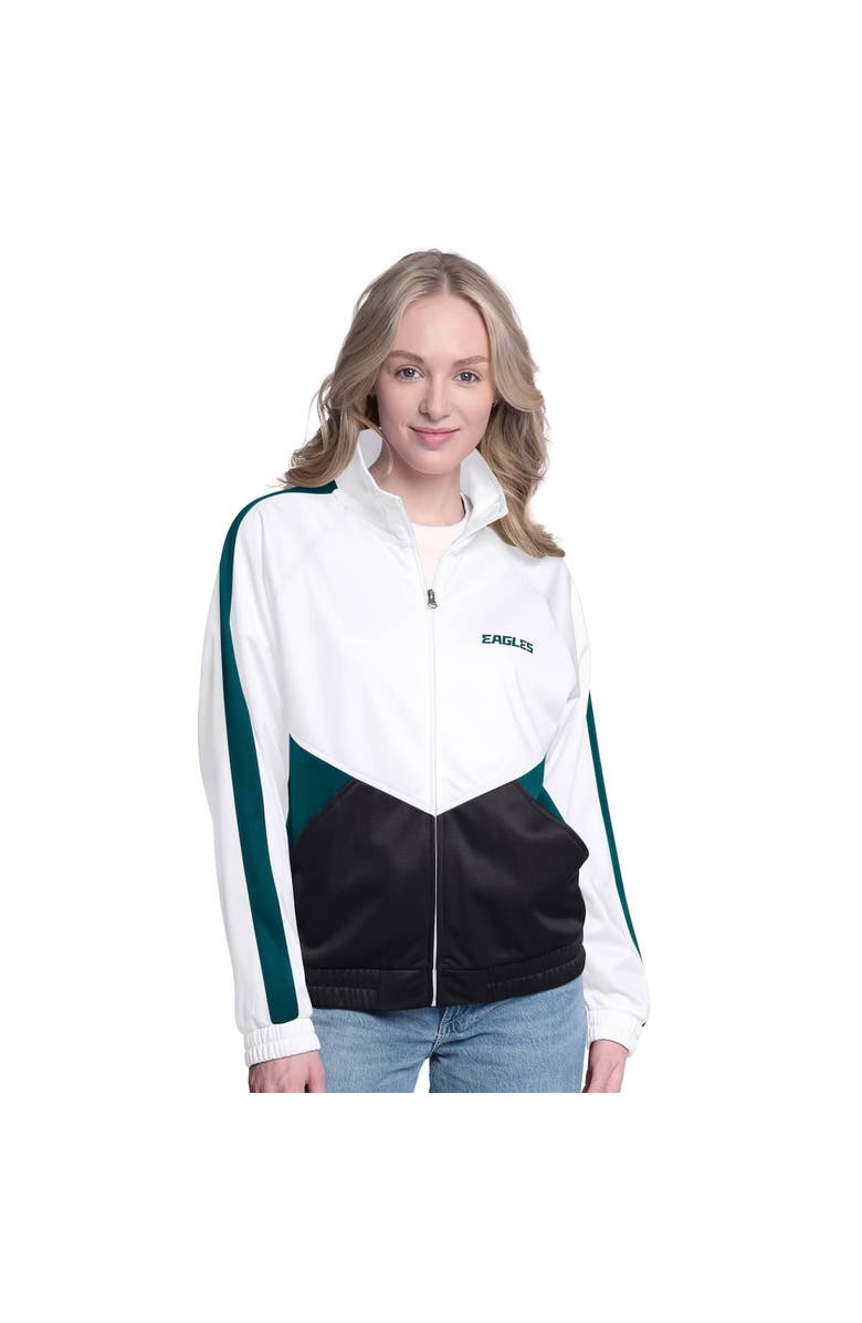 G-III 4HER BY CARL BANKS Women's G-III 4Her by Carl Banks White/Midnight Green Philadelphia Eagles Rally Rhinestone Full-Zip Track Jacket, Alternate, color, White